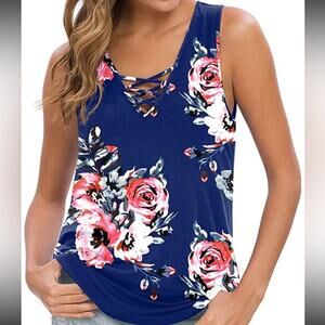 Feiersi XL Blue Floral Lace Up Sleeveless Tank Top
